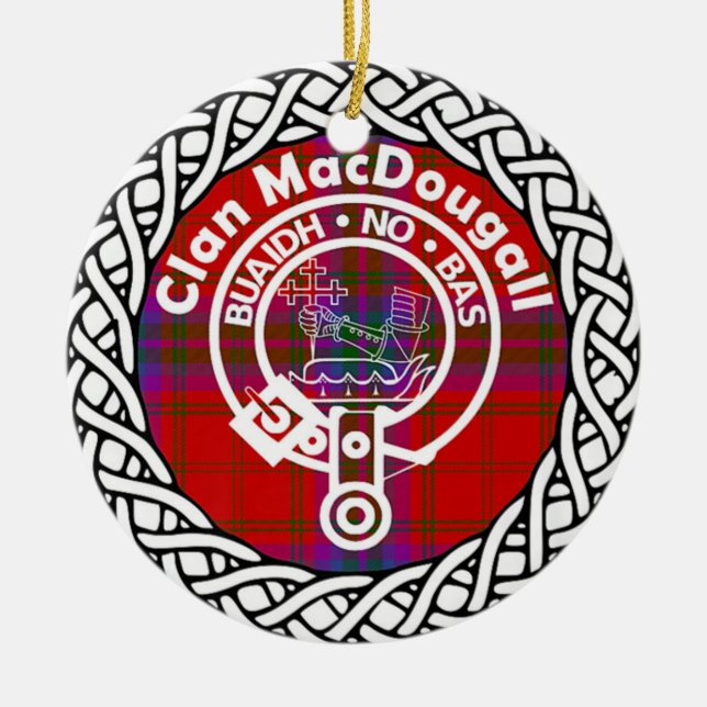 Scottish Clan MacDougall Tartan and Crest Ceramic Tree Decoration (Front)
