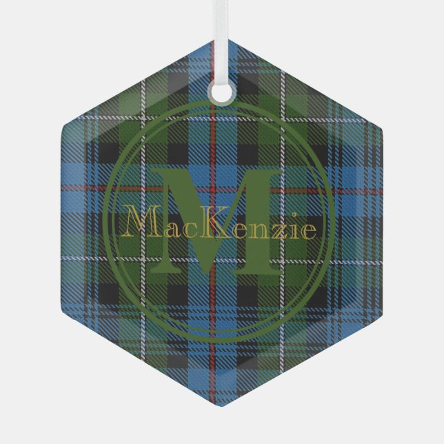 Scottish Clan MacKenzie Tartan Gold Name/Monogram Glass Tree Decoration (Front)