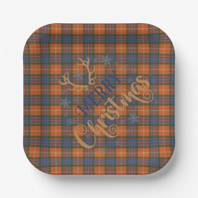 Scottish Clan Tartan Fraser Red A Merry Christmas Paper Plate (Front)