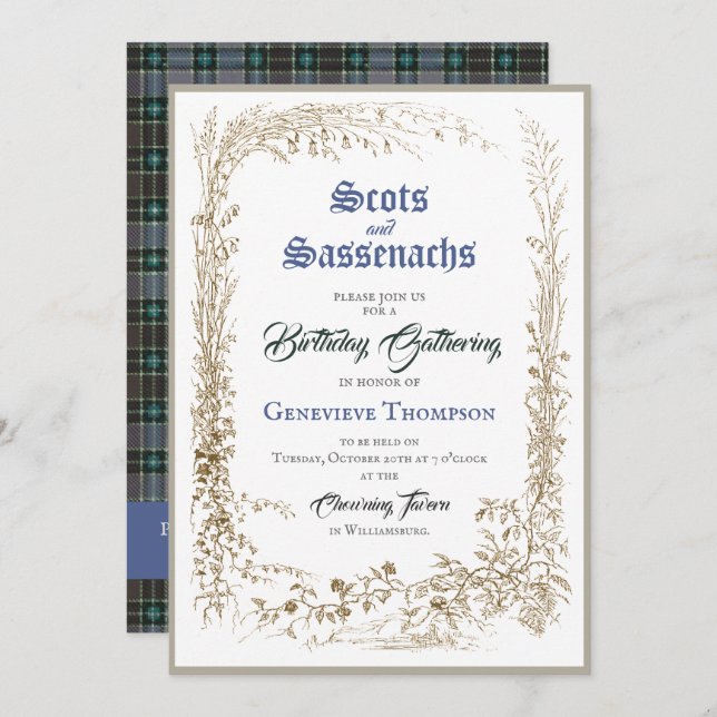 Scottish Flora Sassenach Blue Birthday Invitation (Front/Back)
