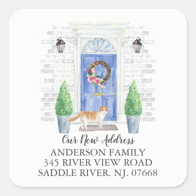 Scottish Fold Cat Blue Door New Address Label (Front)