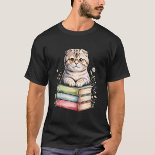 Scottish Fold Cat Books Flowers Book Reading Coupa T-Shirt