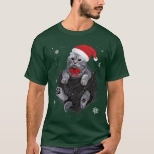 Scottish Fold Cat Pocket with Christmas Santa Hat T-Shirt