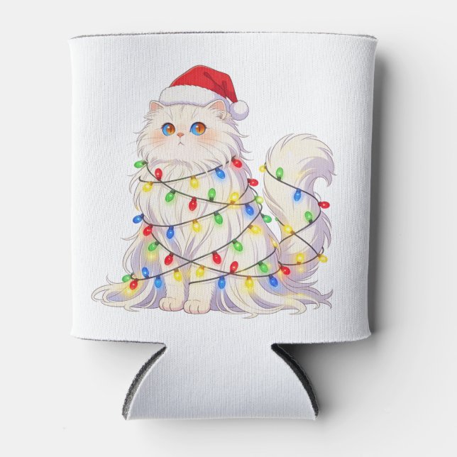 Scottish Fold Cat Santa Hat Christmas Lights Funny Can Cooler (Front)