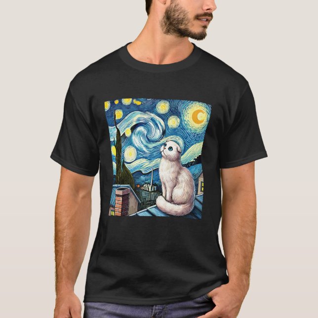 Scottish Fold Cat Under Starry Night Sky T-Shirt (Front)