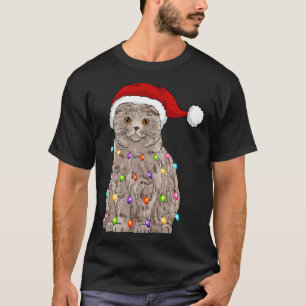 Scottish Fold Christmas Santa Hat Xmas Lights Cat T-Shirt