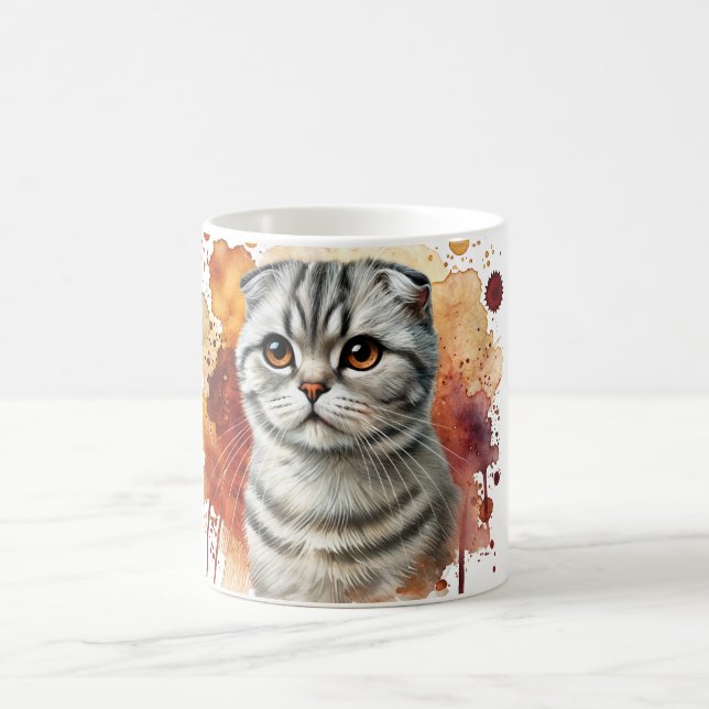 Scottish Fold Silver Tabby Cat Watercolor Coffee Mug (Center)