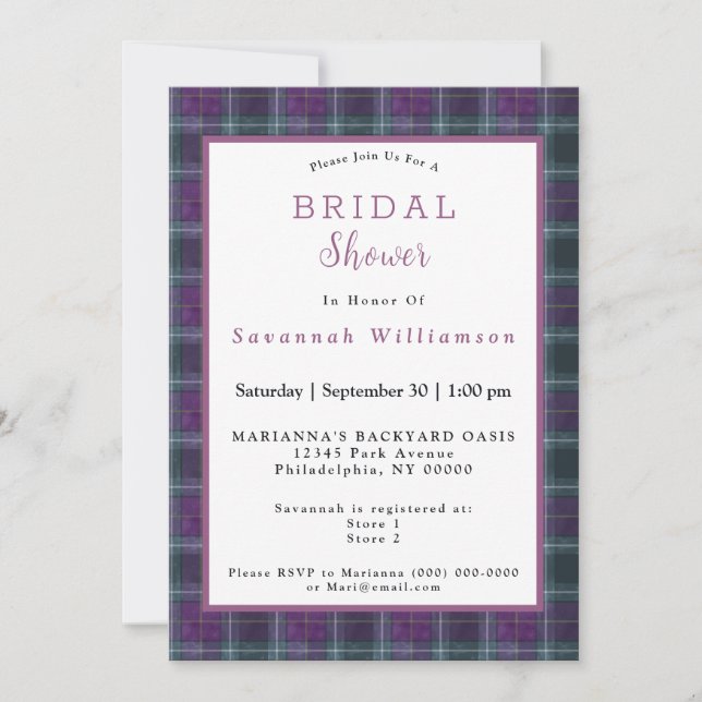Scottish Green Purple Tartan Bridal Shower Invitation (Front)