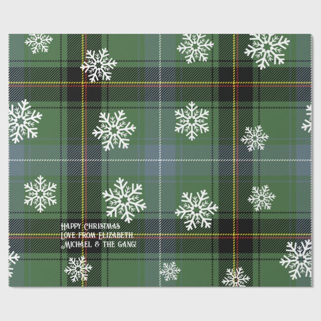 Scottish Green Tartan Snowflake Personalised Xmas Wrapping Paper (Flat)