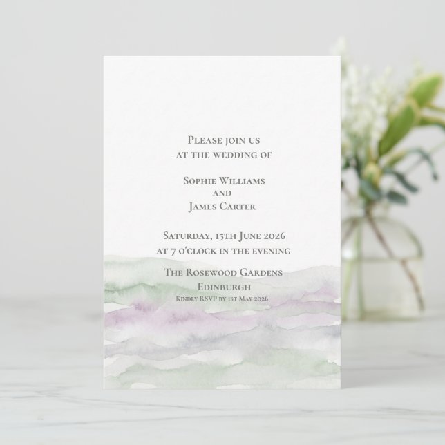 Scottish Heather Purple Watercolour Wedding Invitation (Standing Front)