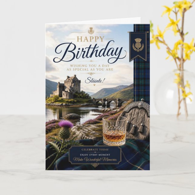 Scottish Highland Castle Birthday Whisky & Thistle Card (Yellow Flower)