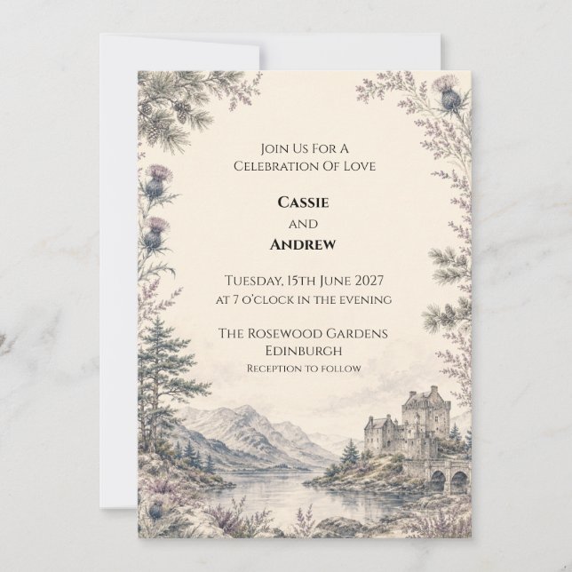 Scottish Highland Castle Loch Thistle Wedding Invitation (Front)