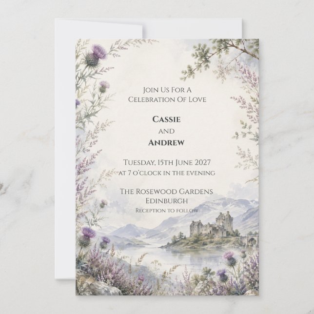 Scottish Highland Castle Loch Thistle Wedding Invitation (Front)