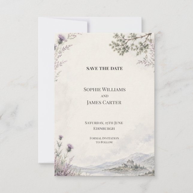 Scottish Highland Castle Thistle Wedding Save The Date (Front)
