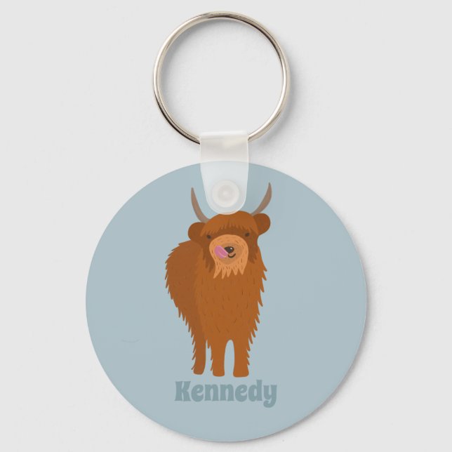 Scottish Highland Cattle Cow Graphic Personalised Key Ring (Front)