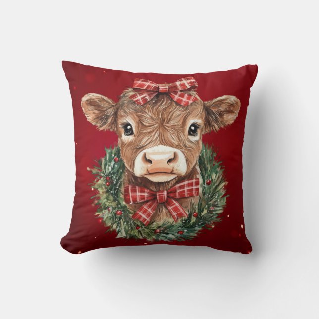 Scottish Highland Cow at Christmas Time Cushion (Front)
