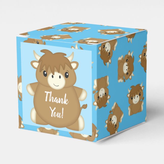 Scottish Highland Cow Baby Shower Blue Favour Box (Front Side)