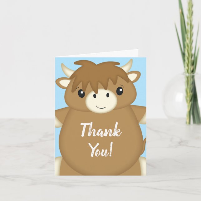 Scottish Highland Cow Baby Shower Blue Thank You Card (Front)