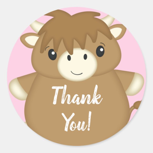 Scottish Highland Cow Baby Shower Pink Classic Round Sticker (Front)