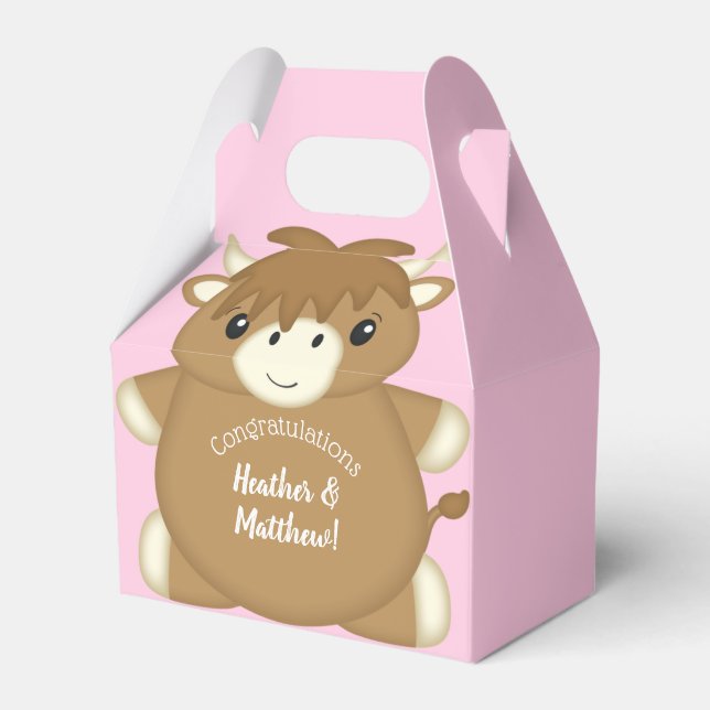 Scottish Highland Cow Baby Shower Pink Favour Box (Front Side)