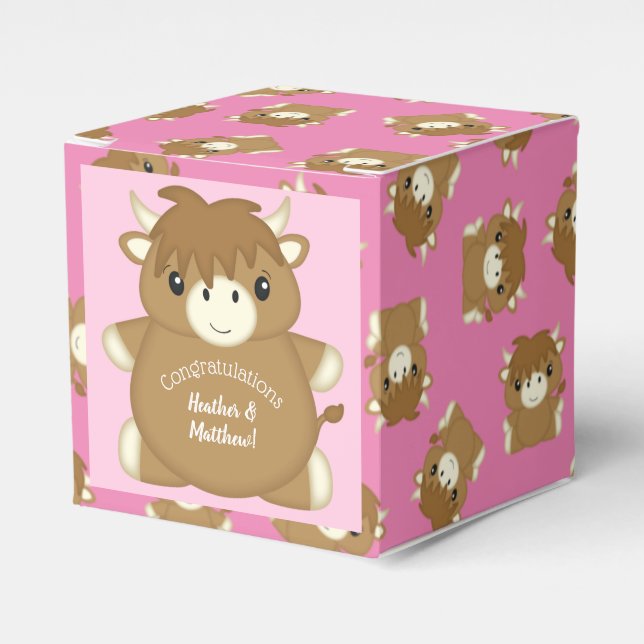 Scottish Highland Cow Baby Shower Pink Favour Box (Front Side)