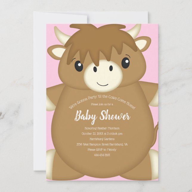 Scottish Highland Cow Baby Shower Pink Invitation (Front)