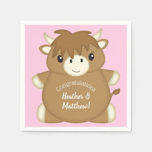 Scottish Highland Cow Baby Shower Pink Napkin (Front)