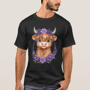 Scottish Highland Cow Baby With Purple Flowers Far T-Shirt