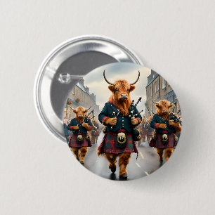 Scottish Highland Cow Bagpipe Parade, 6 Cm Round Badge