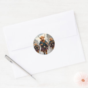 Scottish Highland Cow Bagpipe Parade, Classic Round Sticker