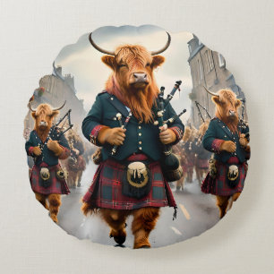 Scottish Highland Cow Bagpipe Parade, Round Cushion
