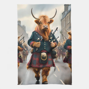 Scottish Highland Cow Bagpipe Parade, Tea Towel