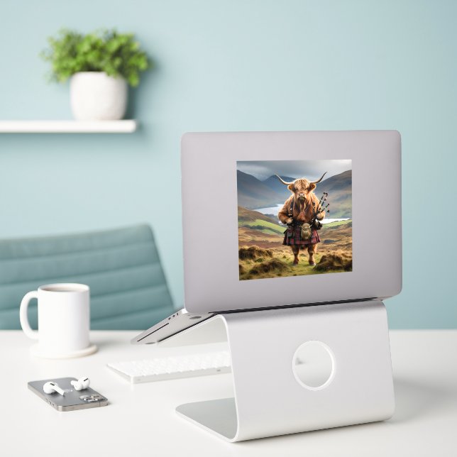Scottish Highland Cow Bagpiper, (Laptop On Desk)