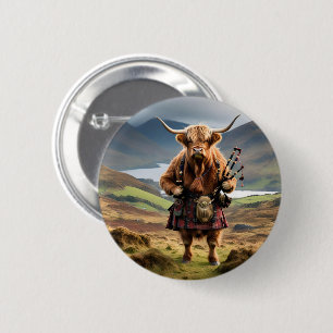 Scottish Highland Cow Bagpiper, 6 Cm Round Badge