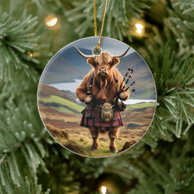 Scottish Highland Cow Bagpiper,  Ceramic Tree Decoration (Tree)