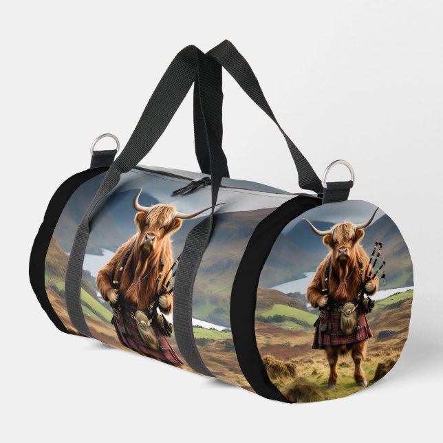 Scottish Highland Cow Bagpiper,  Duffle Bag (Left Corner)
