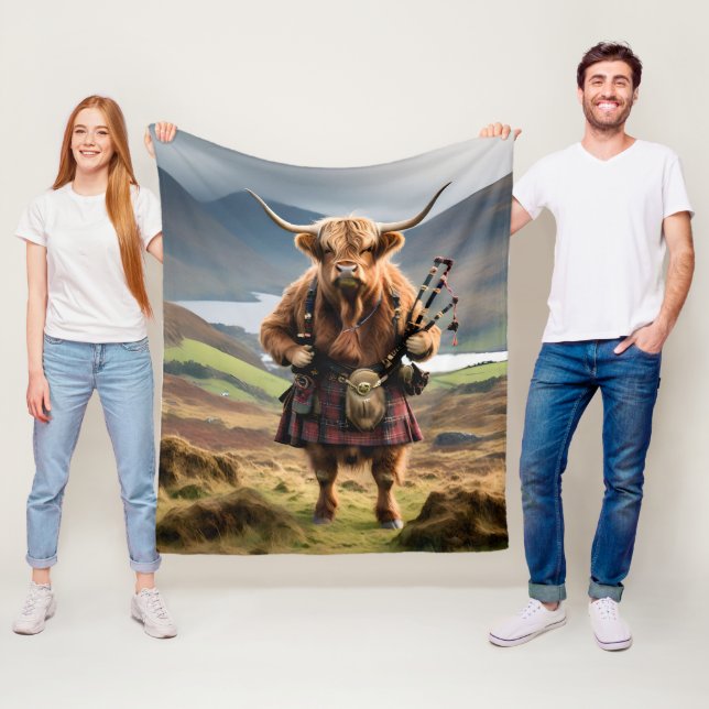 Scottish Highland Cow Bagpiper, Fleece Blanket (In Situ)