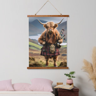 Scottish Highland Cow Bagpiper, Hanging Tapestry