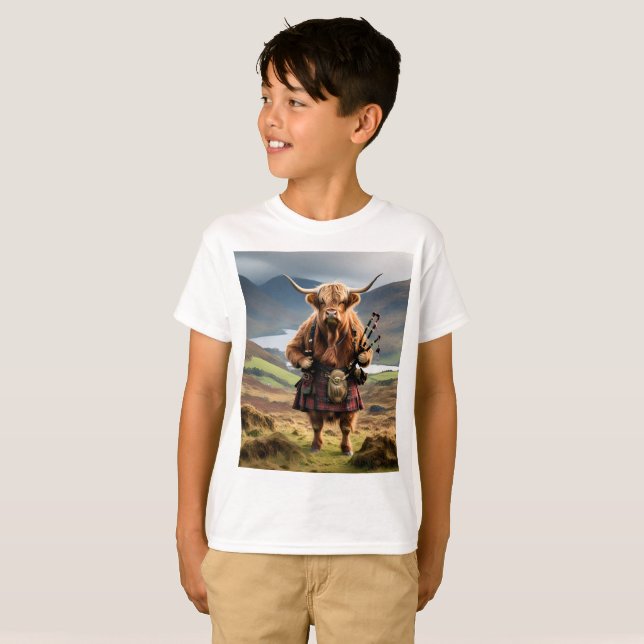 Scottish Highland Cow Bagpiper, Kids Tshirt (Front Full)