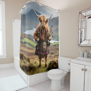 Scottish Highland Cow Bagpiper, Shower Curtain