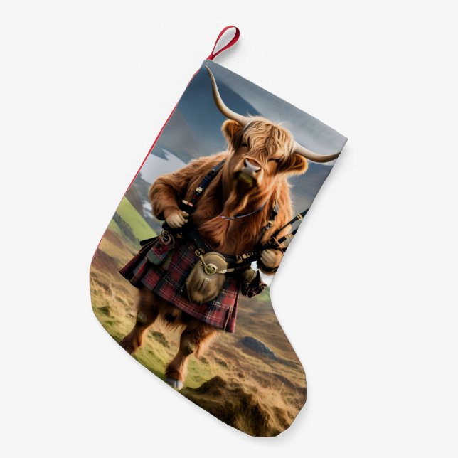 Scottish Highland Cow Bagpiper, Small Christmas Stocking (Front (Hanging))
