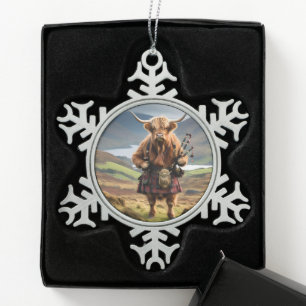 Scottish Highland Cow Bagpiper, Snowflake Pewter Christmas Ornament