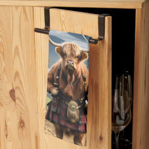 Scottish Highland Cow Bagpiper,  Tea Towel