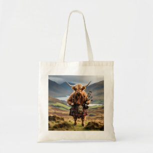 Scottish Highland Cow Bagpiper, Tote Bag