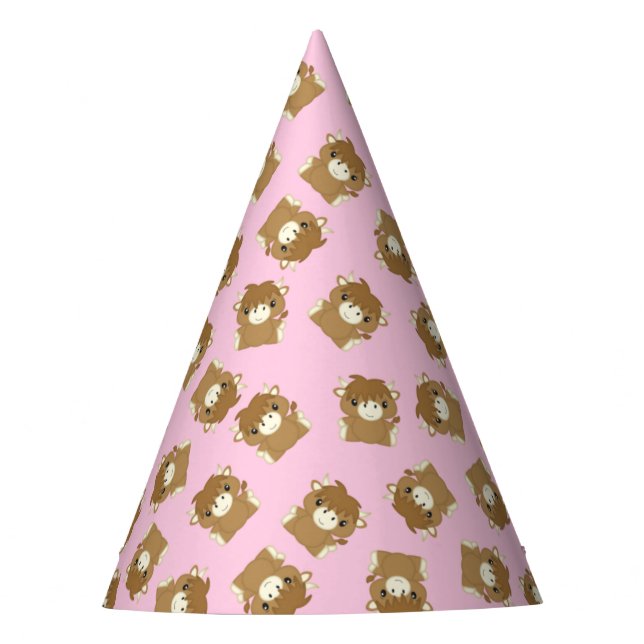 Scottish Highland Cow Birthday Party Pink Party Hat (Front)
