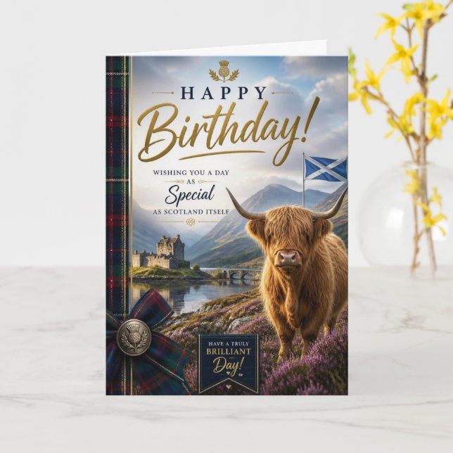 Scottish Highland Cow Birthday Tartan & Thistle Card (Yellow Flower)