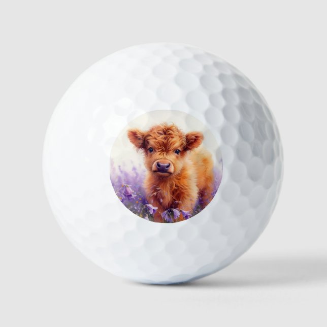 Scottish Highland Cow Calf Purple Wildflowers Golf Balls (Front)