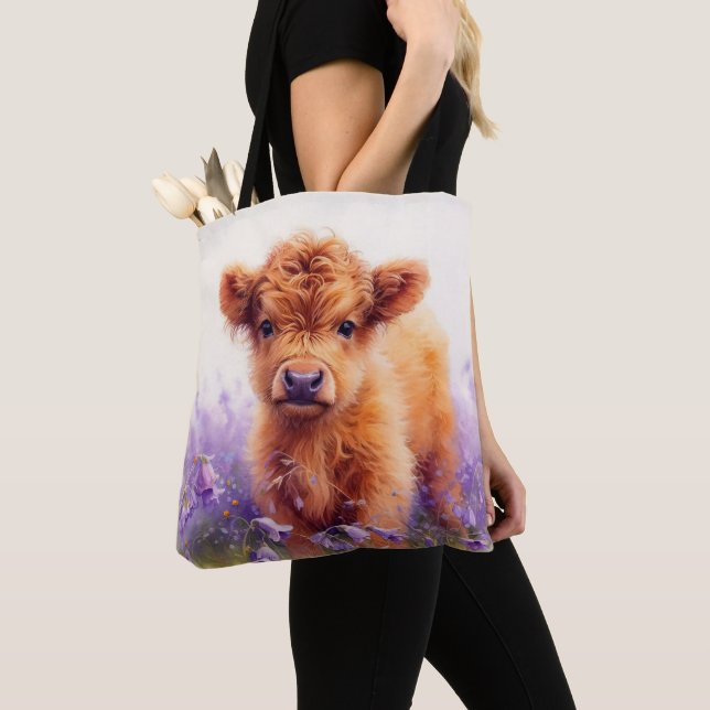 Scottish Highland Cow Calf Purple Wildflowers Tote Bag (Close Up)