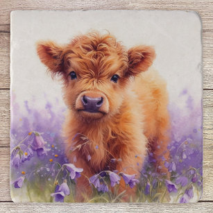 Scottish Highland Cow Calf Purple Wildflowers Trivet