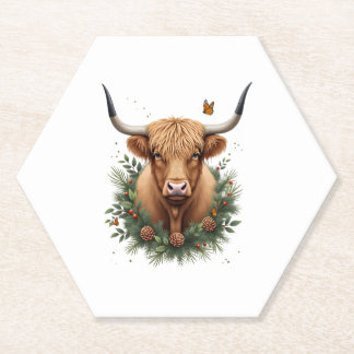 Scottish Highland Cow Cattle Hairy Cow Christmas W Paper Coaster